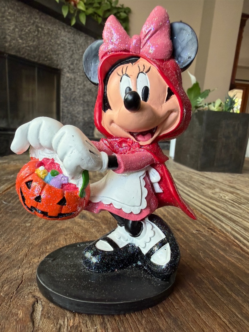 Disney Halloween Minnie Mouse Red Riding Hood figurine holding jack o lantern